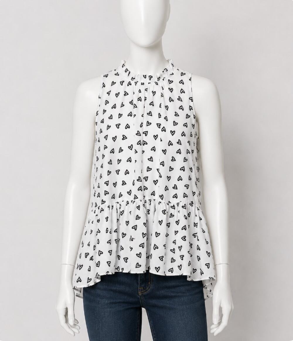 Loft White Peplum Top Black Hearts Sleeveless Ruffle Tie Neck and Ruffle Hem XSP